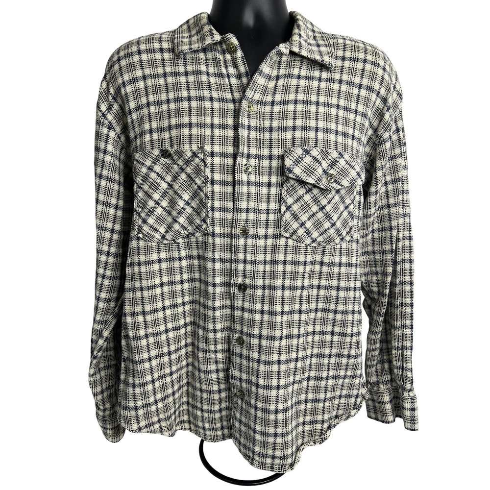 City Streets Shirt Mens Large Cream Navy Plaid Button Down Long Sleeve Cotton